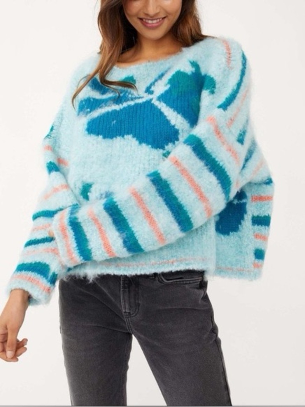 Free People Lily Mosaic Stripe Floral Sky Blue Fuzzy Pullover Sweater Size XS